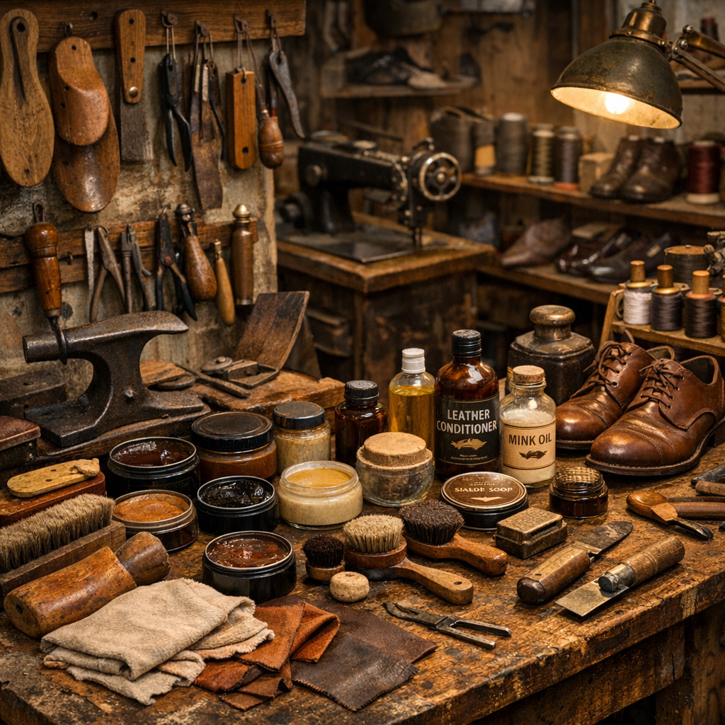 Atelier de cordonnier professionnel avec outils d'entretien du cuir